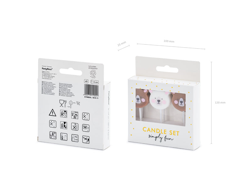 PartyDeco Geburtstagskerzen Teddybär – Mehrfarbig – 3 cm – 6 Stk