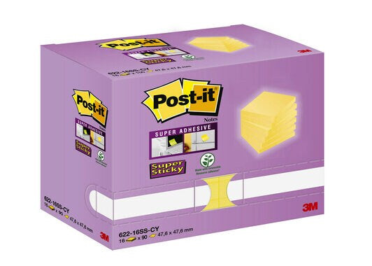 3M Post-it Haftnotizen Super Sticky – 47,6×47,6 mm – Gelb, 16×90 Blatt, PEFC