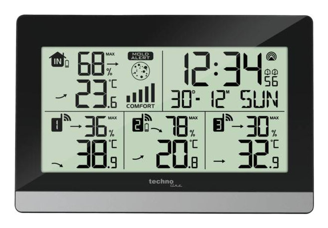 Technoline WS 7065 – Wetterstation, innen/aussen, Hygrometer, bis 3 Aussensensoren – schwarz
