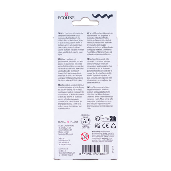 Talens Ecoline Brush Pen – Pinselspitze, wasservermalbar, 5 Farben