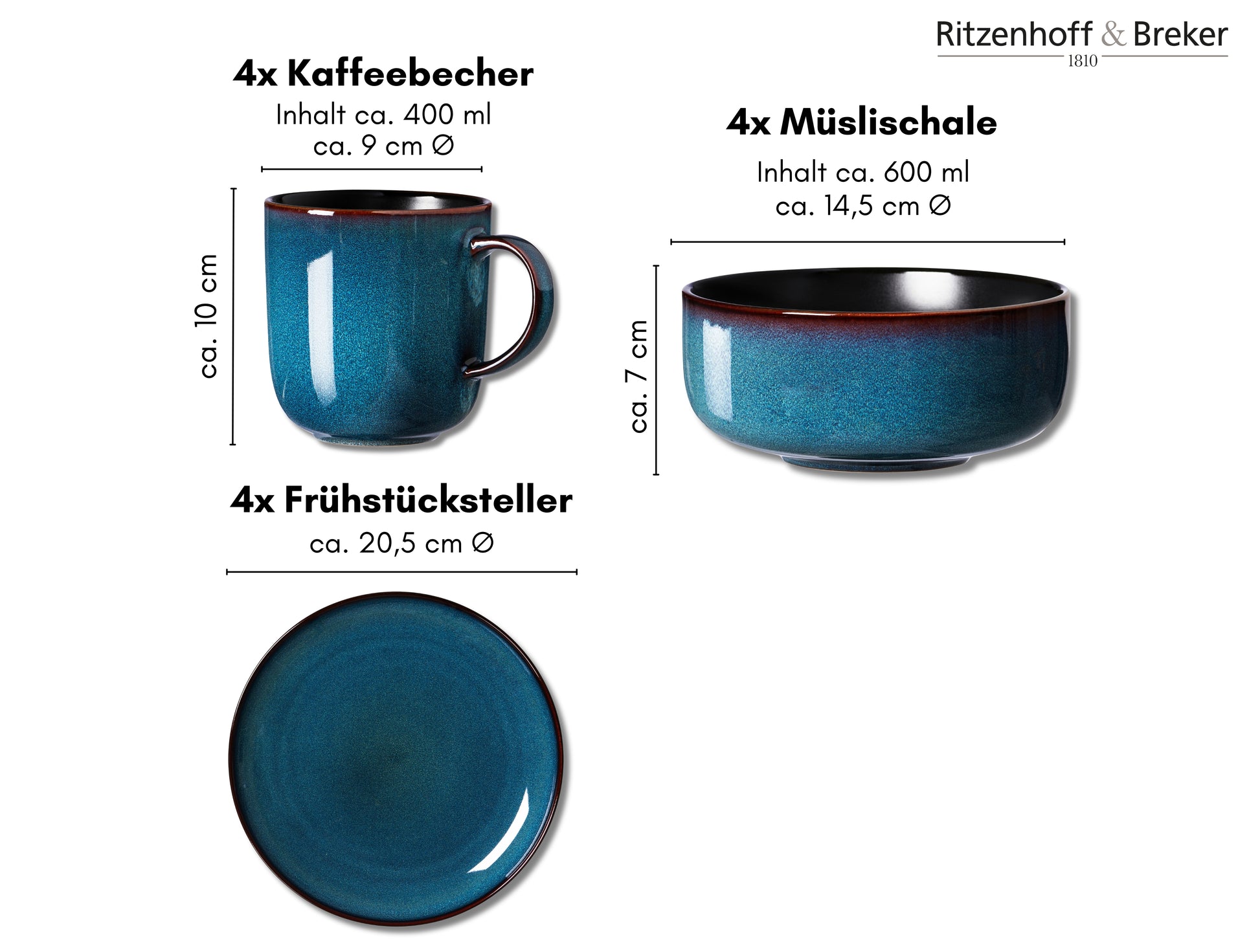 Ritzenhoff & Breker Frühstücks-Serviceset Bali – 12-teiliges Set, Steinzeug, Blau, spülmaschinenfest