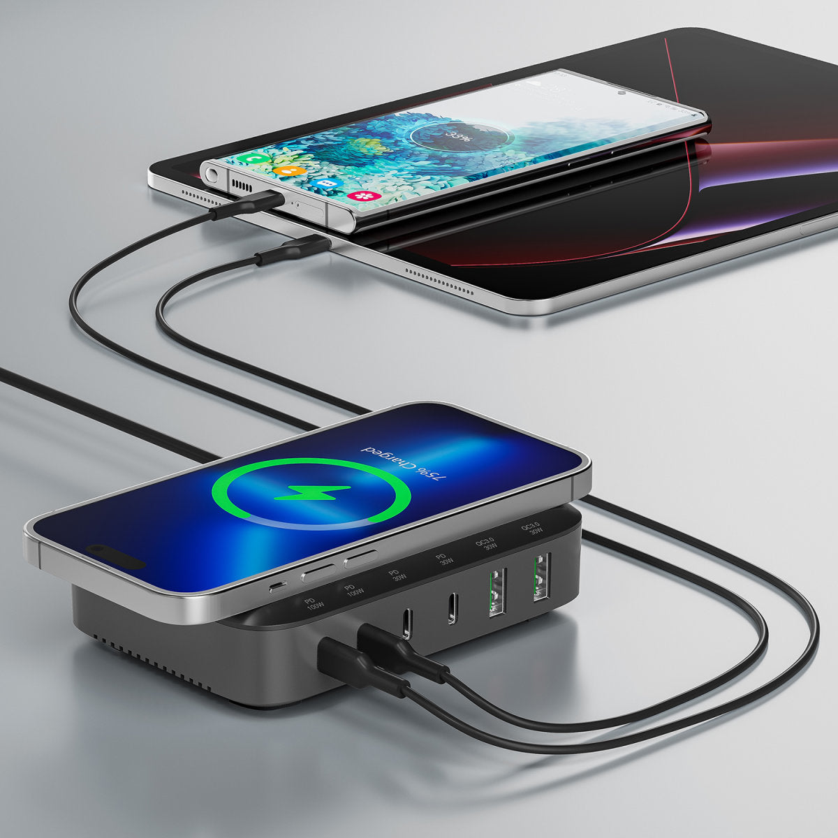4smarts 7in1 Ladestation – 2× USB-C 30 W, 6× USB-Ausgänge, Qi, GaN – für Qi-kompatible Geräte