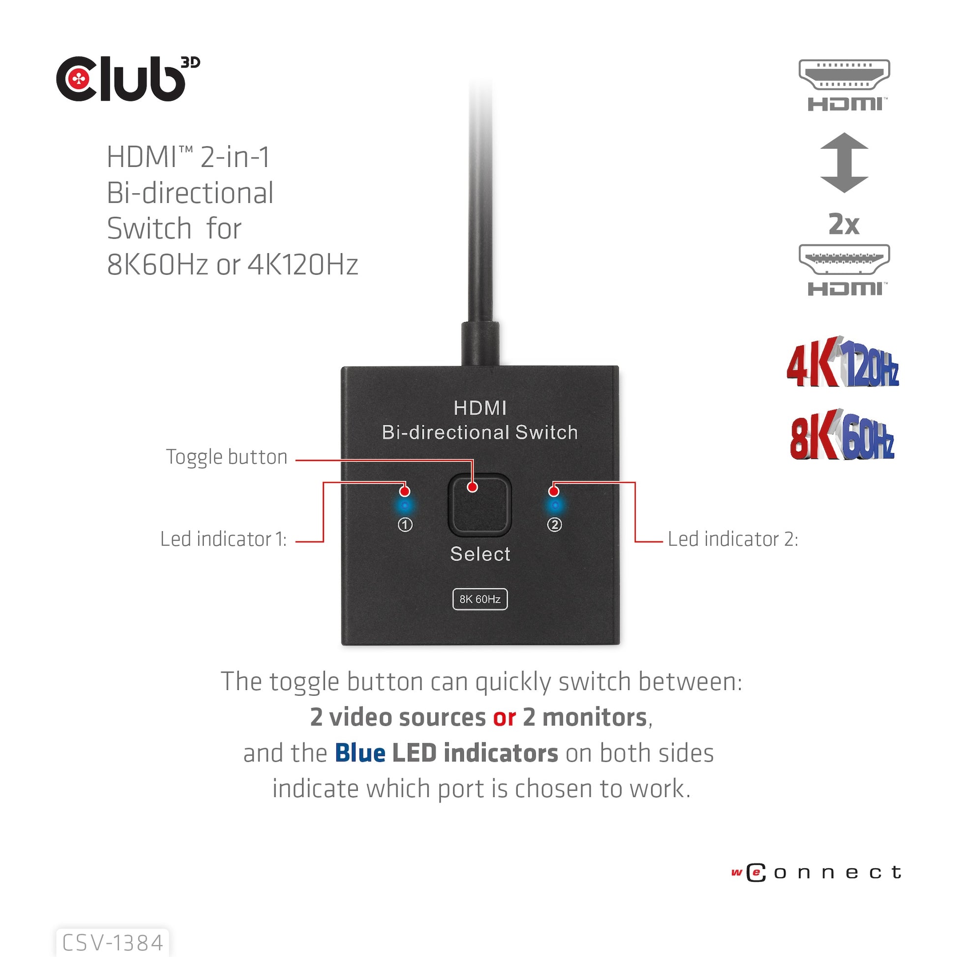 CLUB3D Club 3D CSV-1384 – HDMI Switch, 2×1, 8K@60 Hz