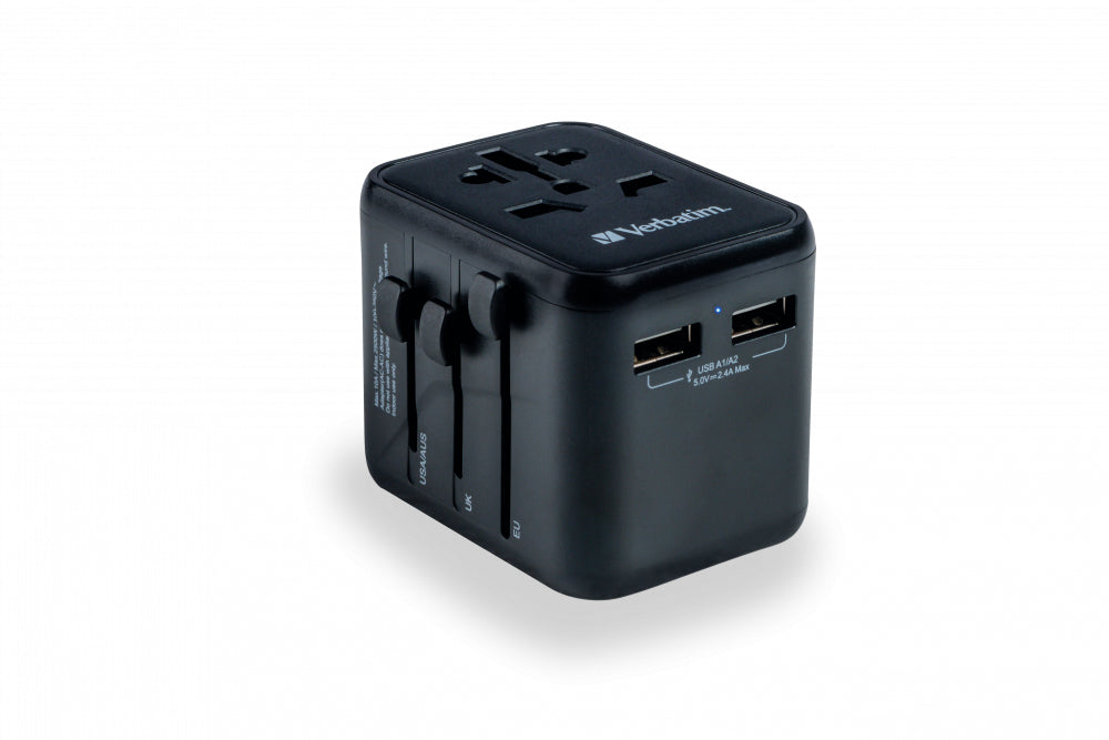 Verbatim UTA-01 Reiseadapter – Universalstecker zu Universalbuchse, 100–250 V, 2500 W, 2× USB 2,4 A