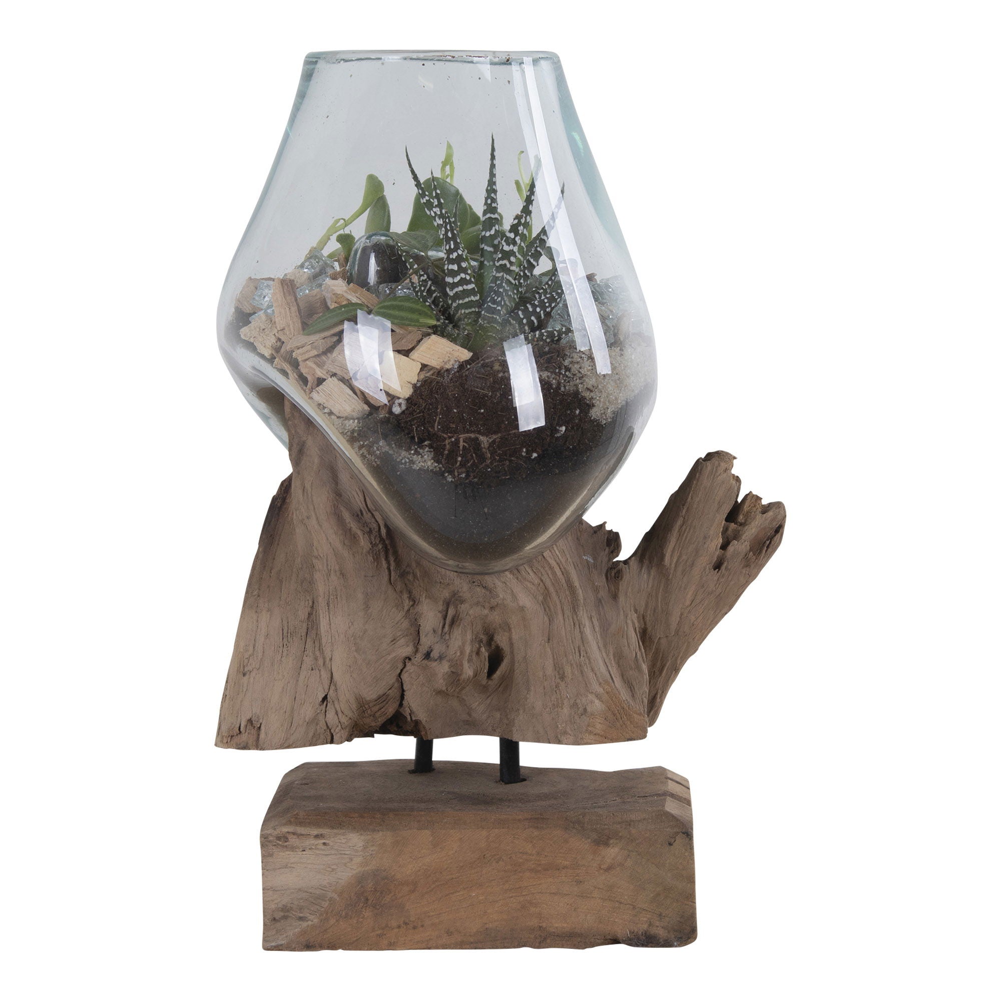 House Nordic Schale – mit Kunstpflanzen – Glas & Stahl & Teak, natur – 18 × 15 × 25 cm