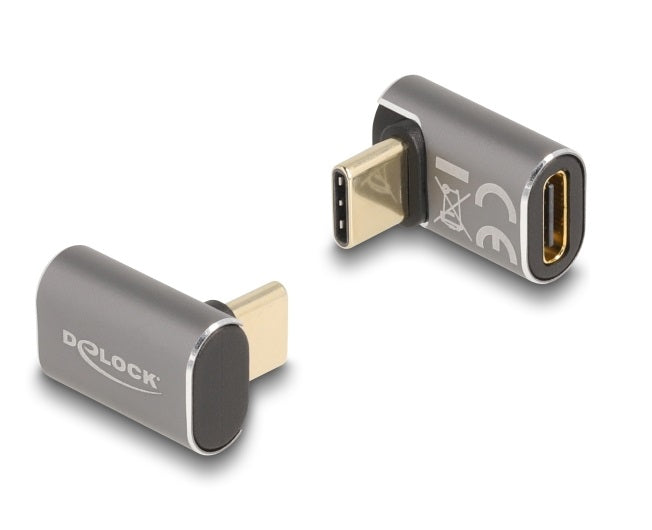 DeLOCK USB-Adapter USB-C auf USB-C – USB4 40 Gbit/s – PD 100 W – Abgewinkelt, Metallgehäuse – Grau