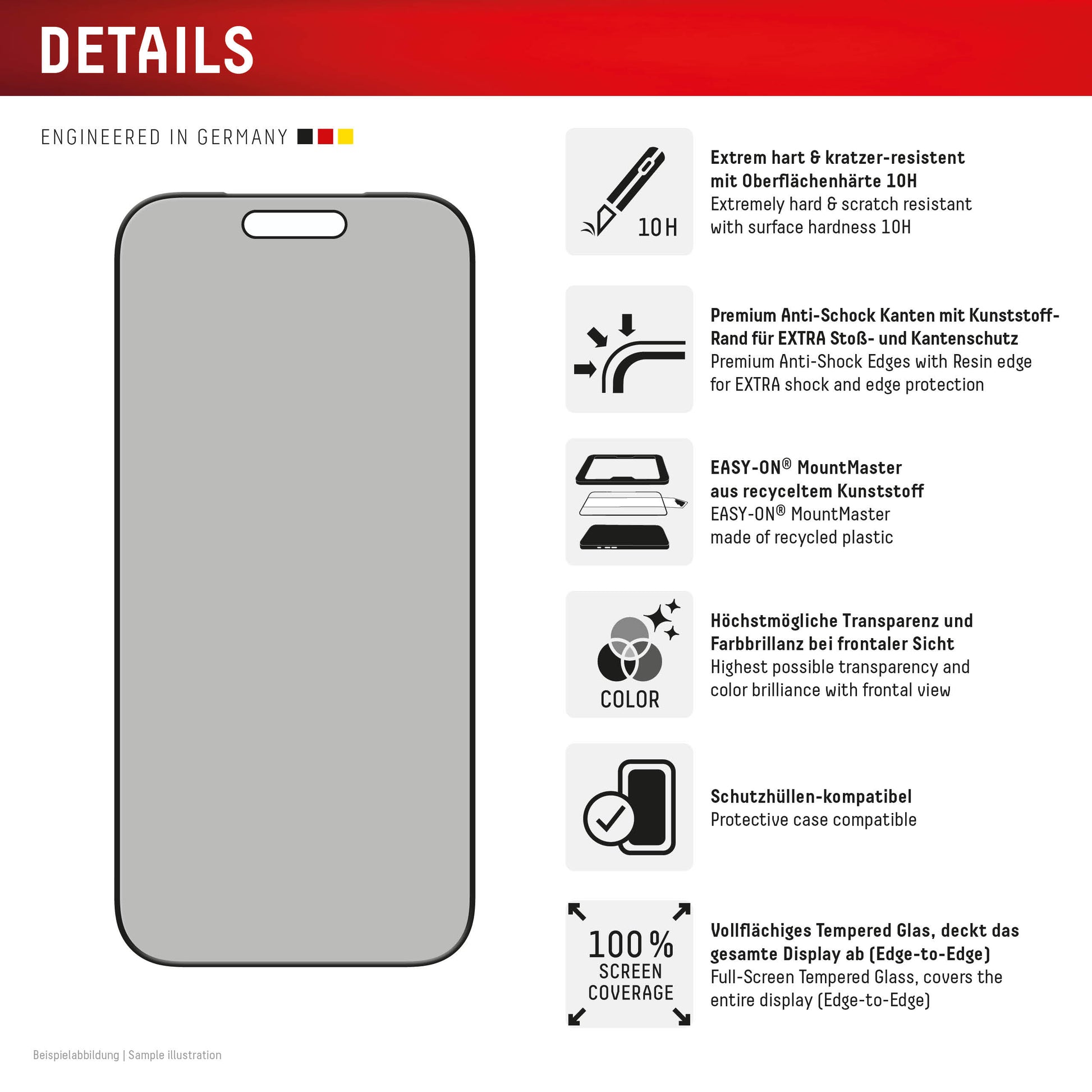 Displex Privacy-Filter (Panzerglas) – für iPhone 17 Pro – mit Applikator