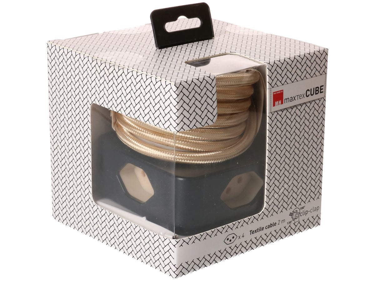 MaxTex Cube Steckdosenleiste, 4×T13, ohne Schalter, 2 m, Eingang T12, IP20 – schwarz/gold