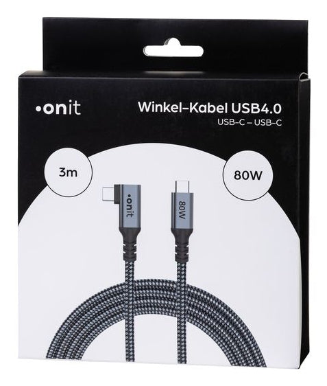 ONIT USB-C auf USB-C Kabel – USB4 20 Gbit/s – 3 m – PD 80 W – Abgewinkelt, Textilmantel – Schwarz/Grau