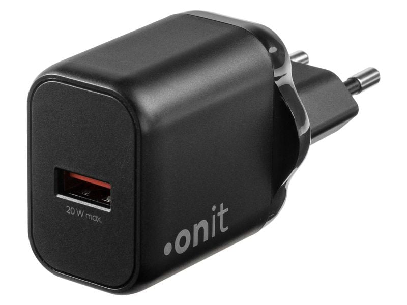 ONIT F02789 USB-Ladegerät 20 W – USB-A×1 – PD, QC 2.0/3.0, GaN – EU-Stecker (Typ C) – Schwarz
