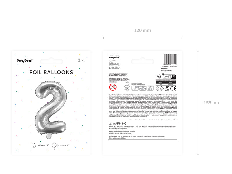 PartyDeco Folienballon Zahl 2 – 35 cm – Folie, Silber