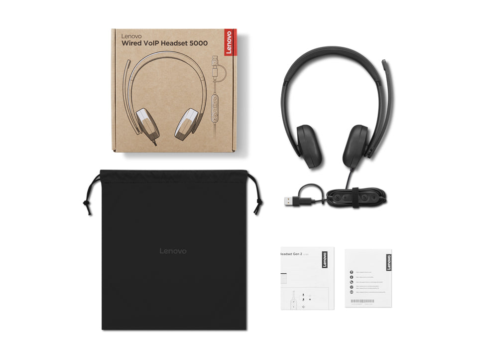 Lenovo Voip Headset 5000 Verkabeltes Office-Headset – On-Ear, Stereo, Kabel, USB-C, Schwarz