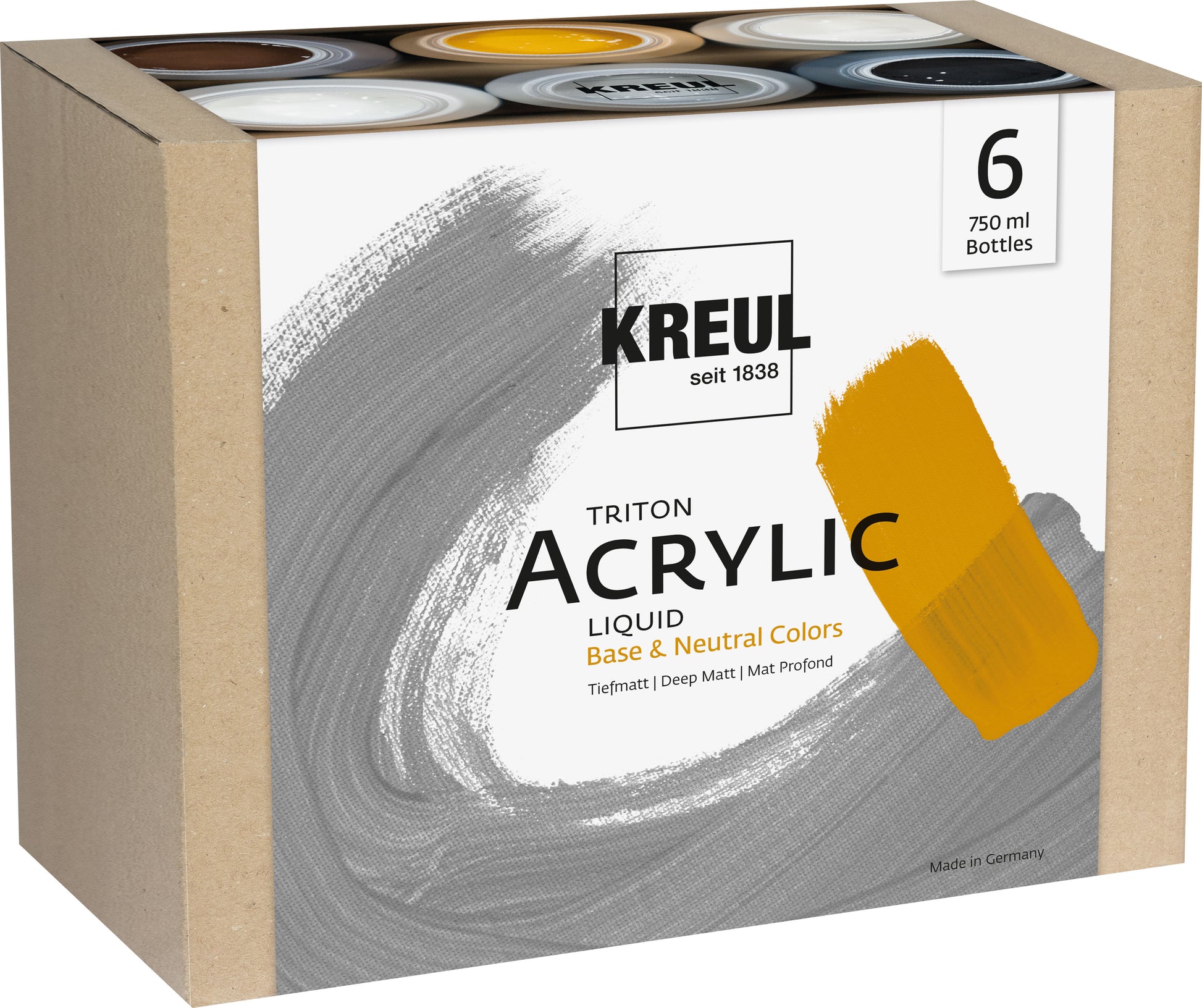 KREUL Triton Acryl Flüssig Acrylfarbe – 6 Farben, matt – 6×750 ml (4,5 l) – für Leinwand, Papier, Holz