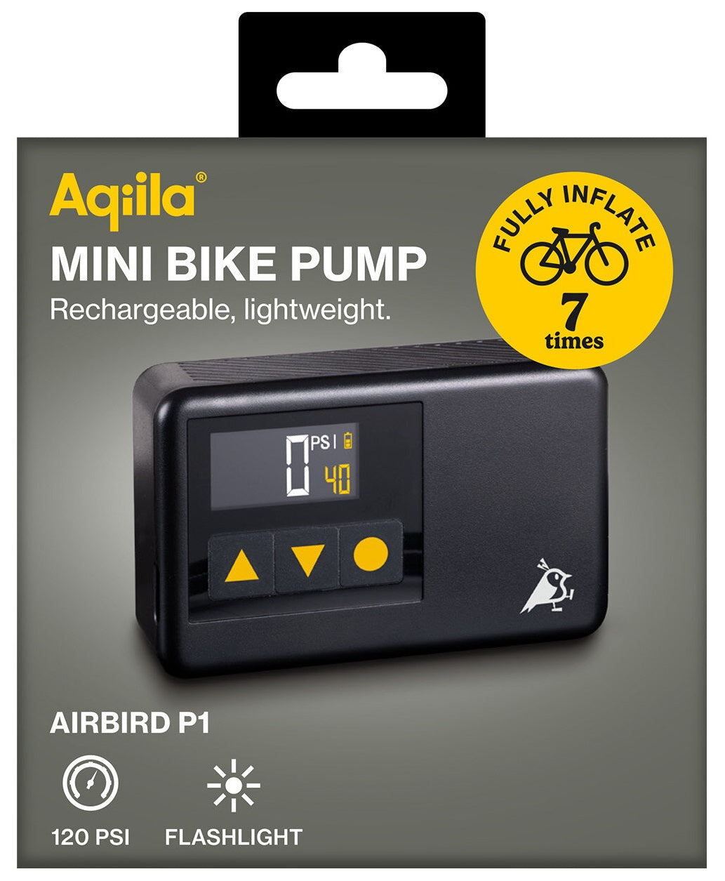 Aqiila Airbird P1 Tragbarer Kompressor – 8,3 bar / 120 PSI – Akku, USB-C – Schlauch & Adapter