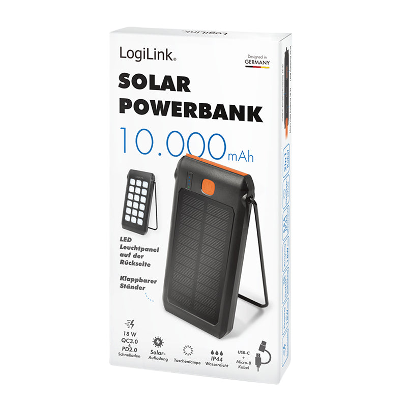 LogiLink Solar-Powerbank 10'000 mAh – 18 W PD, 1× USB-C, 1× USB-A, IP44, Schwarz