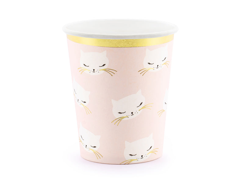 PartyDeco Becher, Papier – 2,0 dl, pink mit Kätzchen – 6 Stk.