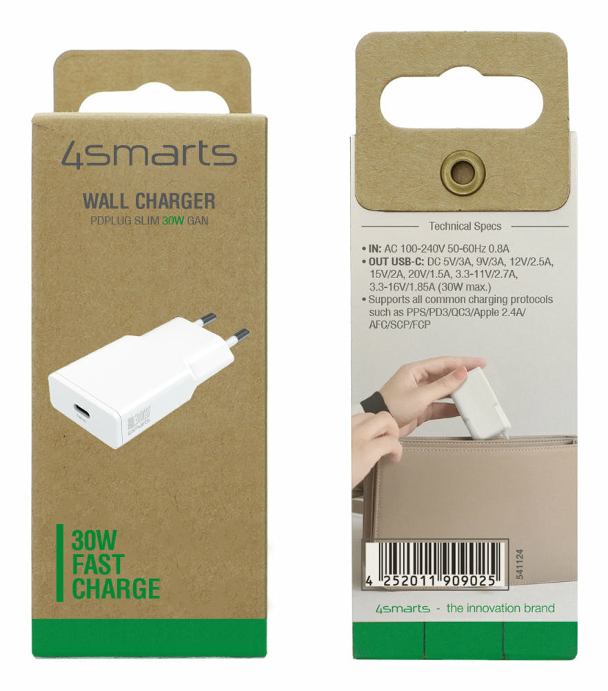 4smarts PDPlug Slim USB-Ladegerät 30 W – USB-C×1 – PD, GaN – für Smartphone, Tablet – Weiss