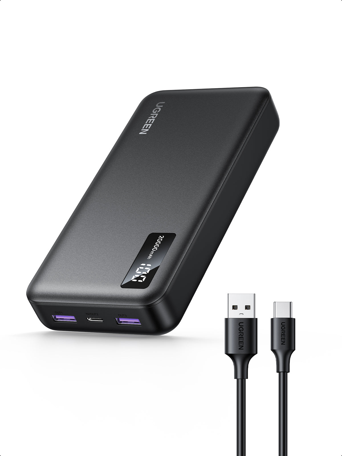 Ugreen Powerbank 20000 mAh, PD 22,5 W, 1× USB-C, 2× USB-A, mit Display, für Smartphones, Schwarz