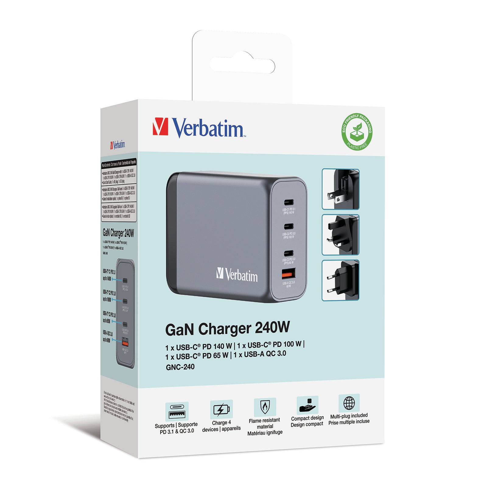 Verbatim GNC-240 Netzteil (EU/UK/US) – 240 W, 1× USB-C + 1× USB-A, QC 3.0, GaN