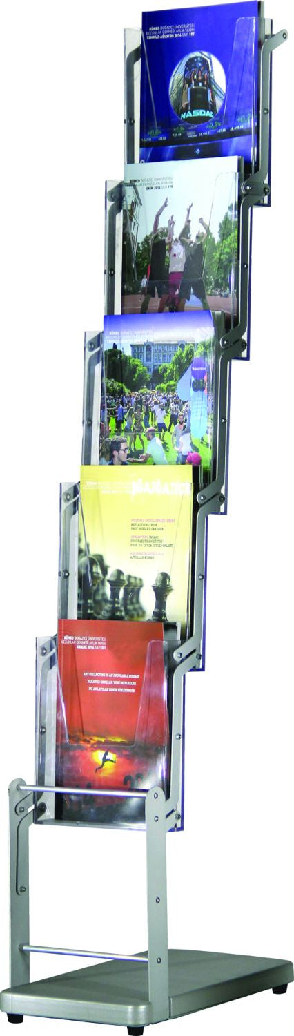 Europel Prospektregal 5 × A4 – MDF, Kunststoff, Silber, Transparent – 370 × 1'350 × 250 mm
