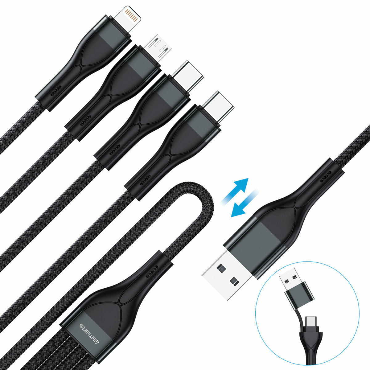 4smarts Multi-Kabel – 4-in-2 USB-A/USB-C auf USB-C/Micro-USB/Lightning 1,2 m, PD 15 W, geflochten
