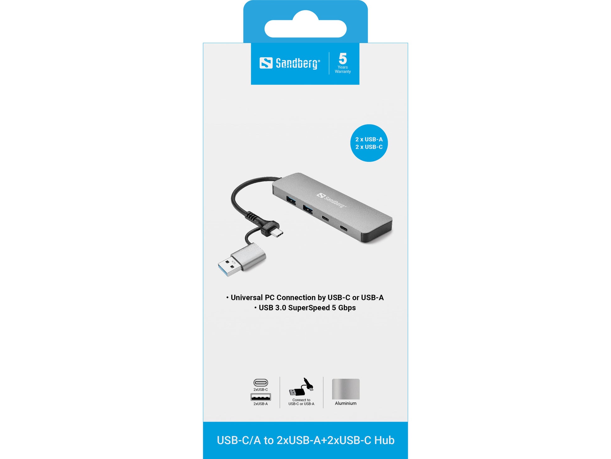 Sandberg USB-Hub – USB-C/USB-A, 2× USB-A, 2× USB-C, für Windows/Mac