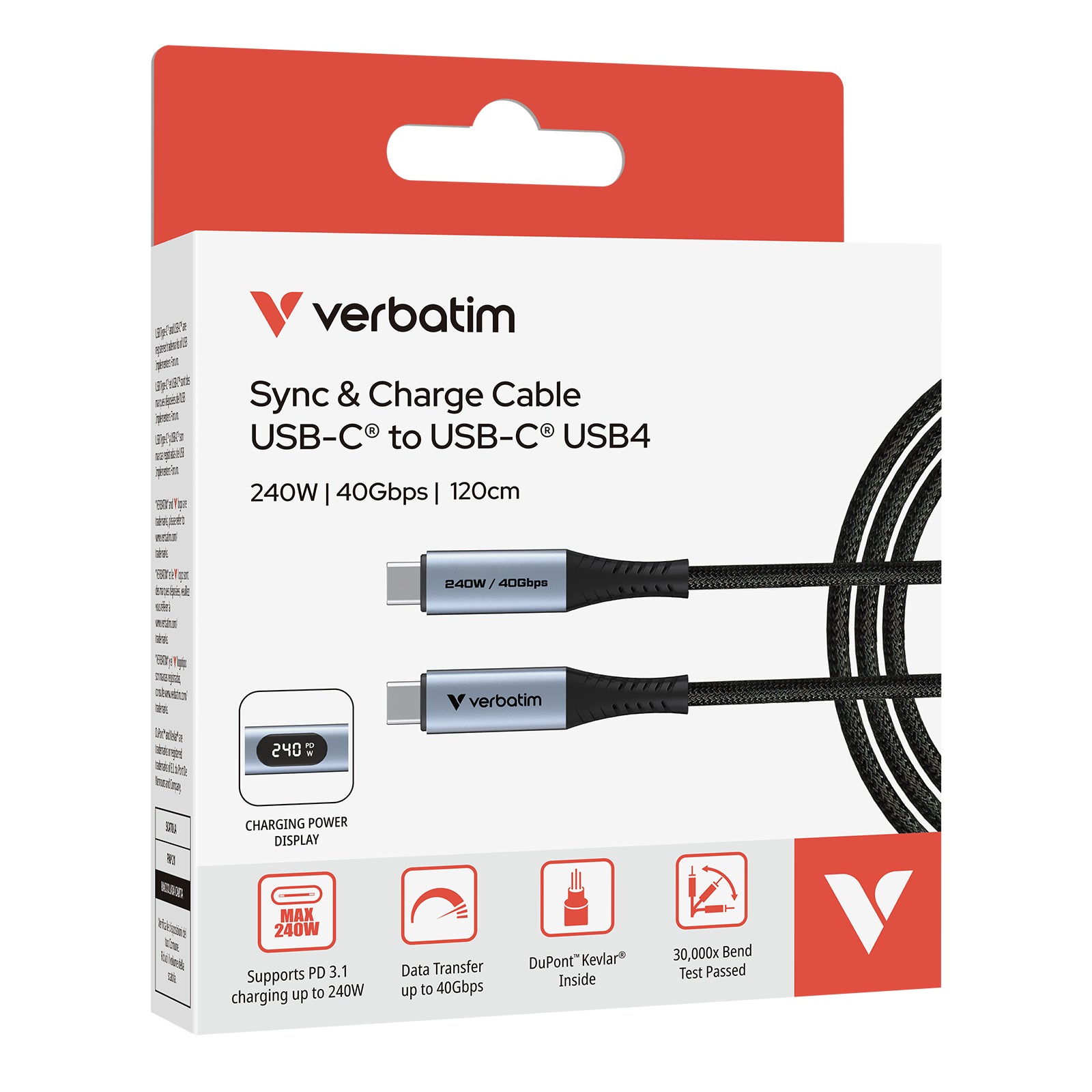 Verbatim USB-C auf USB-C Kabel – Thunderbolt 3 40 Gbit/s – 1,2 m – PD 240 W – für iPhone 15/16 und mehr