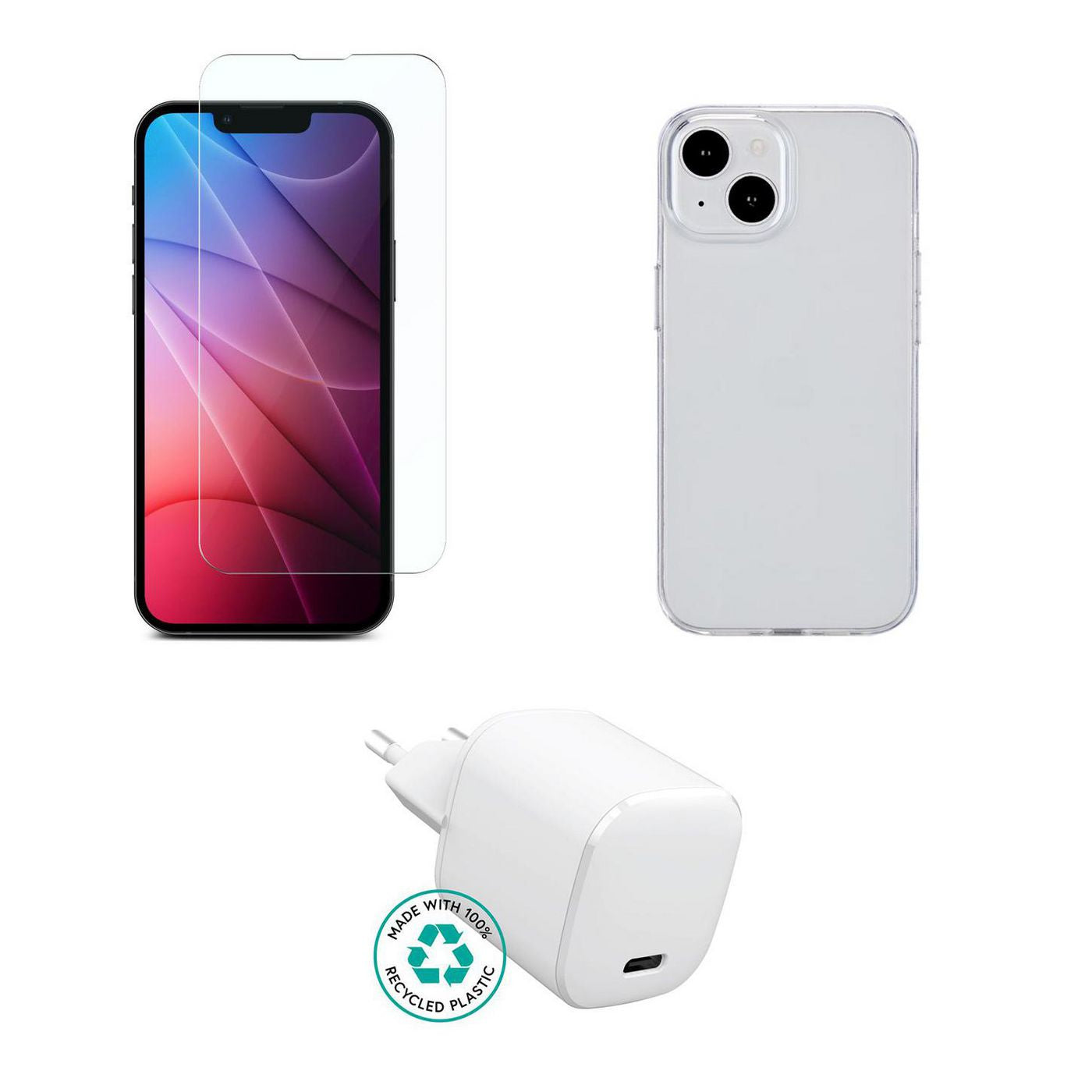 eSTUFF 3-in-1 Starter-Set (Glas, Hülle, Ladegerät) – für iPhone 15 – Transparent/Weiss