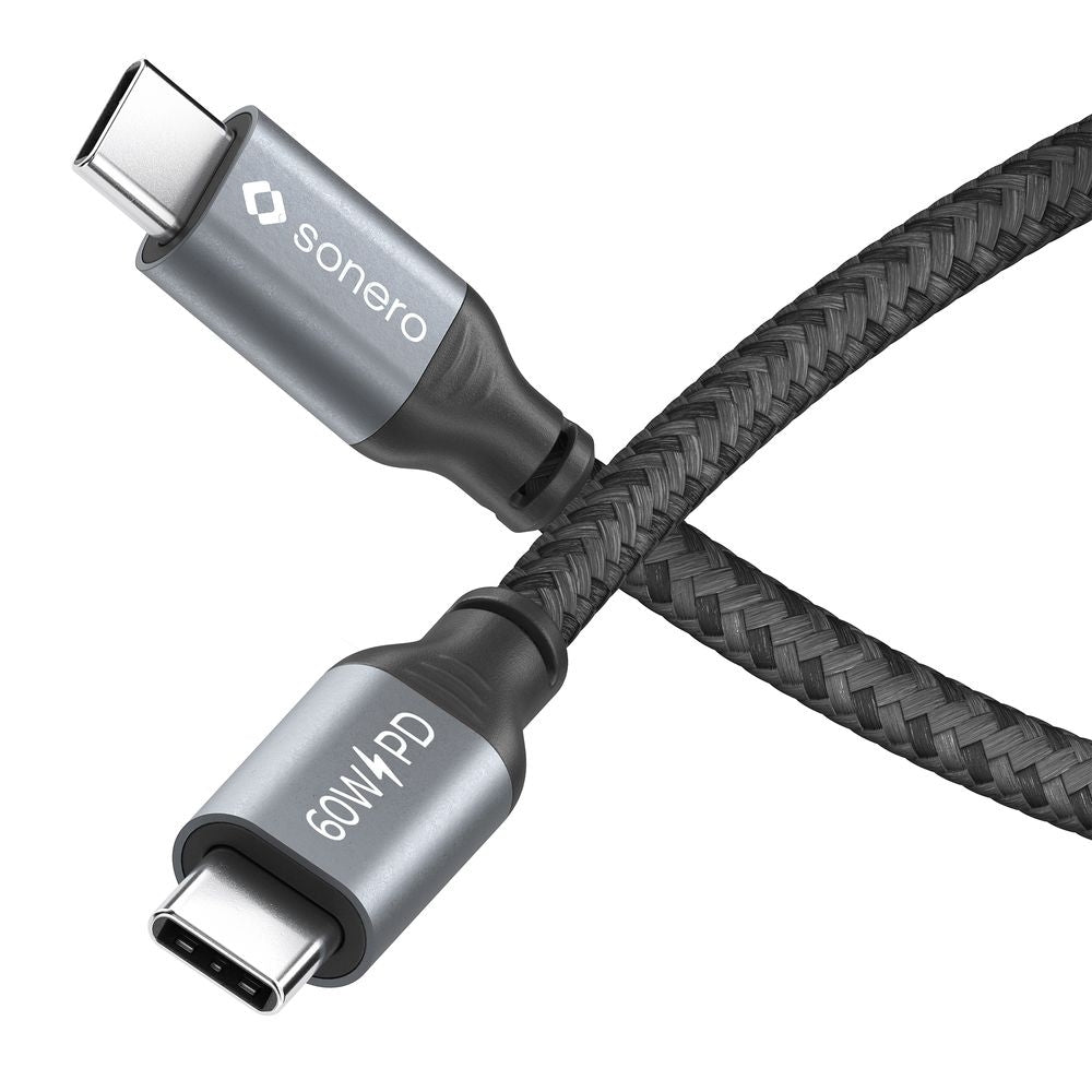 sonero USB-C auf USB-C Kabel – USB 2.0 (480 Mbit/s) – 1 m – PD 60 W – Textilmantel – Schwarz/Grau
