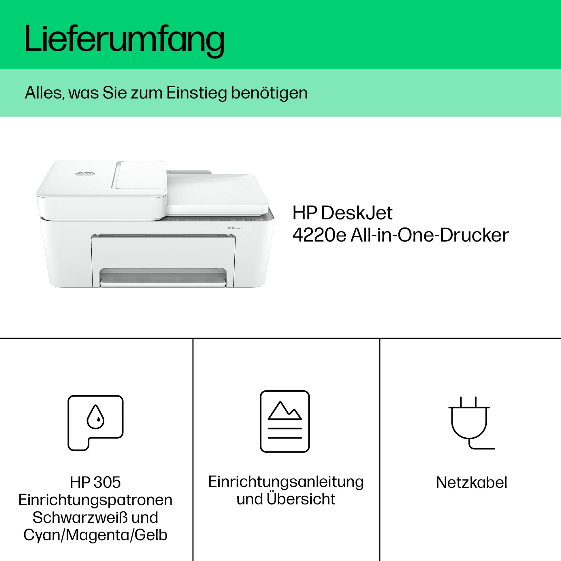 HP DeskJet 4220e – Farbiges Tintenstrahl-MFP A4, 4-in-1 – USB/WLAN – Duplex, ADF – 8,5 ppm S/W, 5,5 ppm Farbe