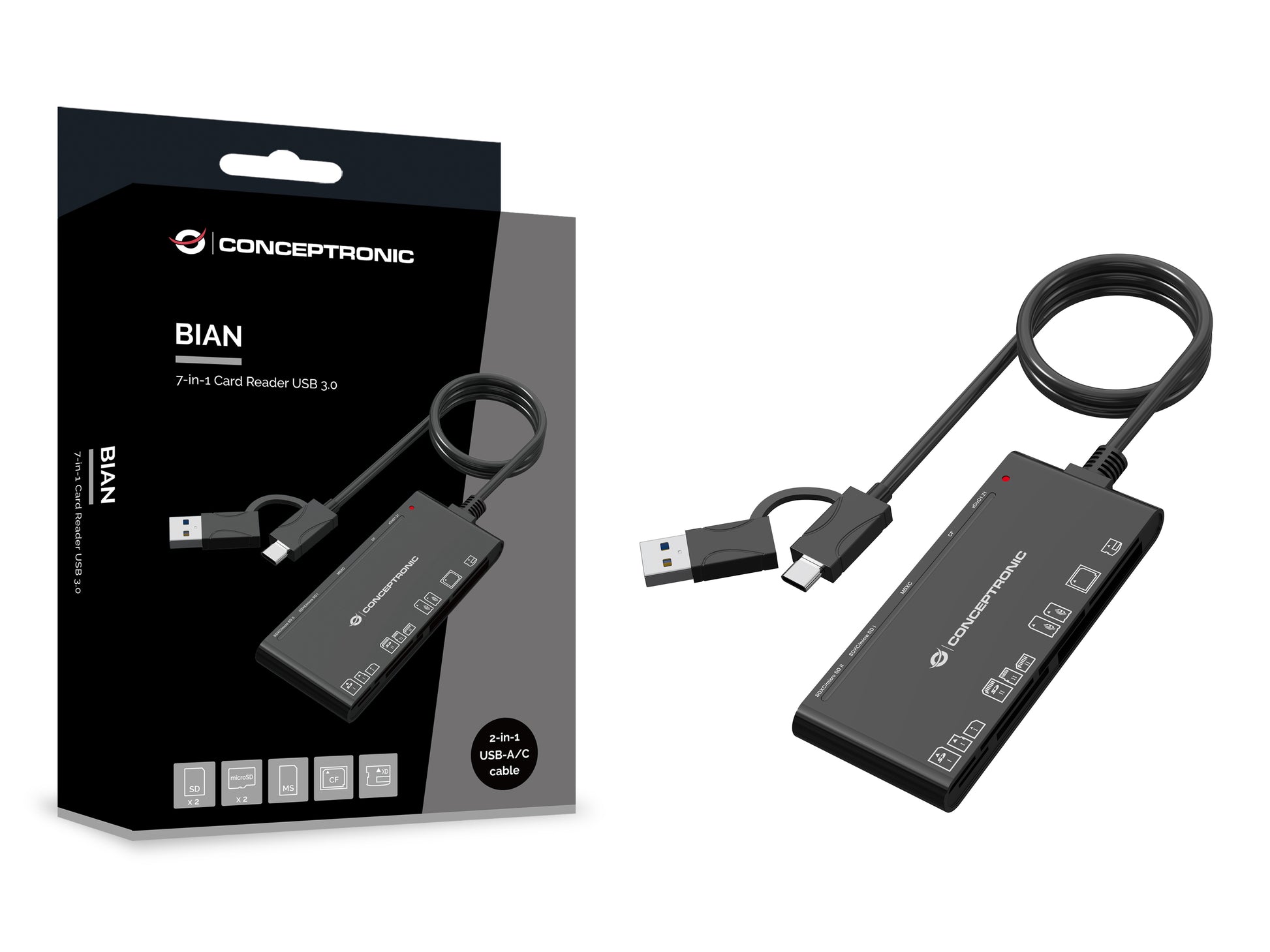Conceptronic USB-Kartenleser USB-A/USB-C – 7-in-1 – USB 3.2 Gen 1 (5 Gbit/s) – Schwarz