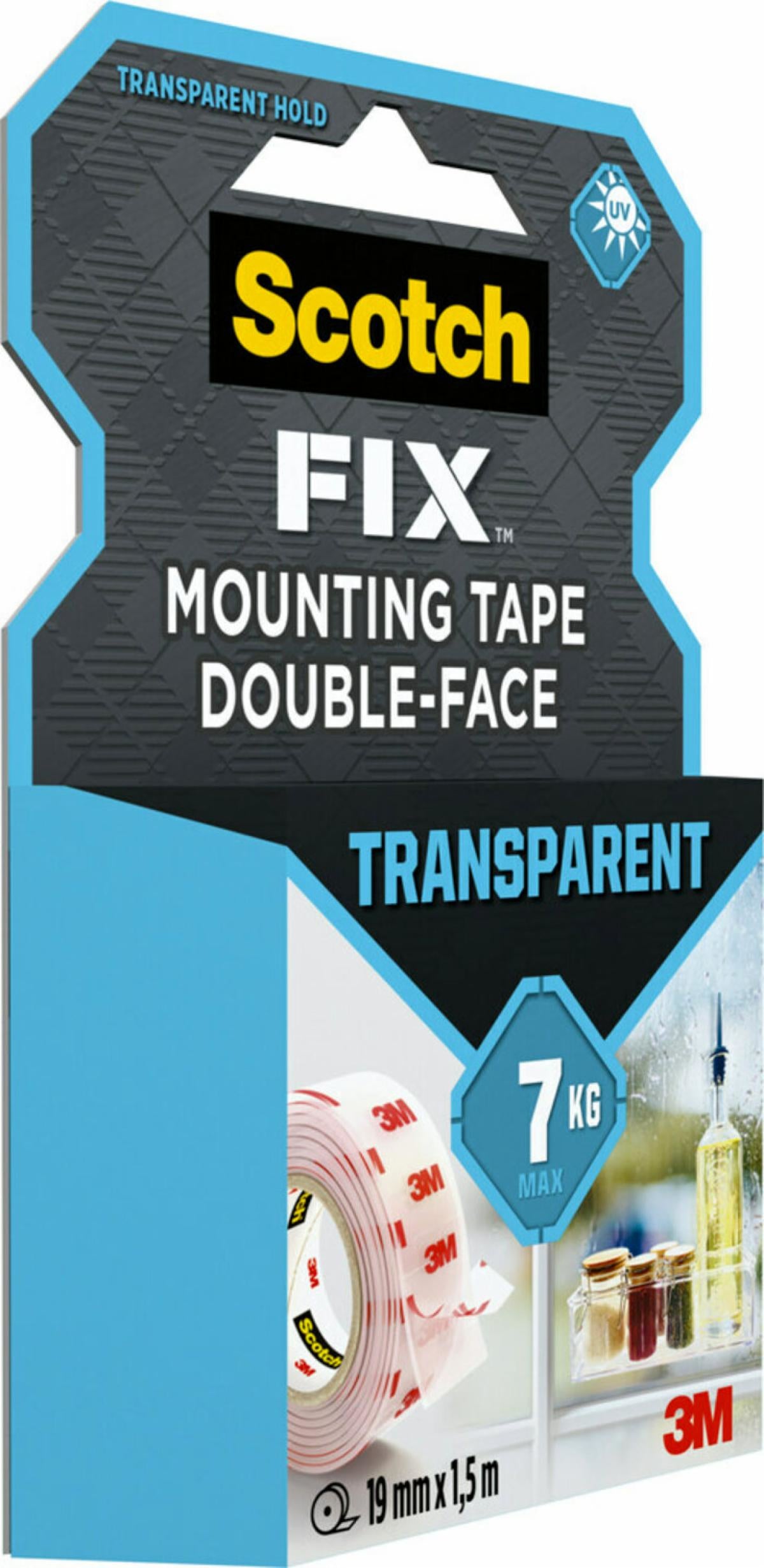 Scotch Montageband Fix, stark, für den Innenbereich, für glatte Oberflächen – 19 mm × 1,5 m, transparent, bis 1 kg/20 cm
