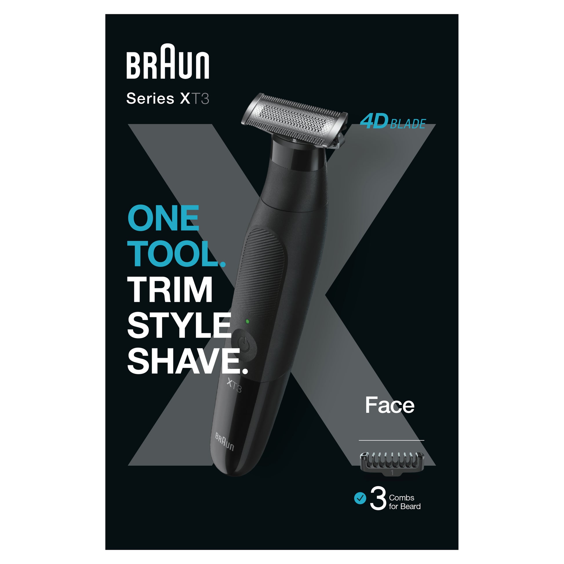 Braun Präzisionstrimmer Series XT3100 Face – Nass & Trocken, 1–3 mm Schnittlänge – Schwarz