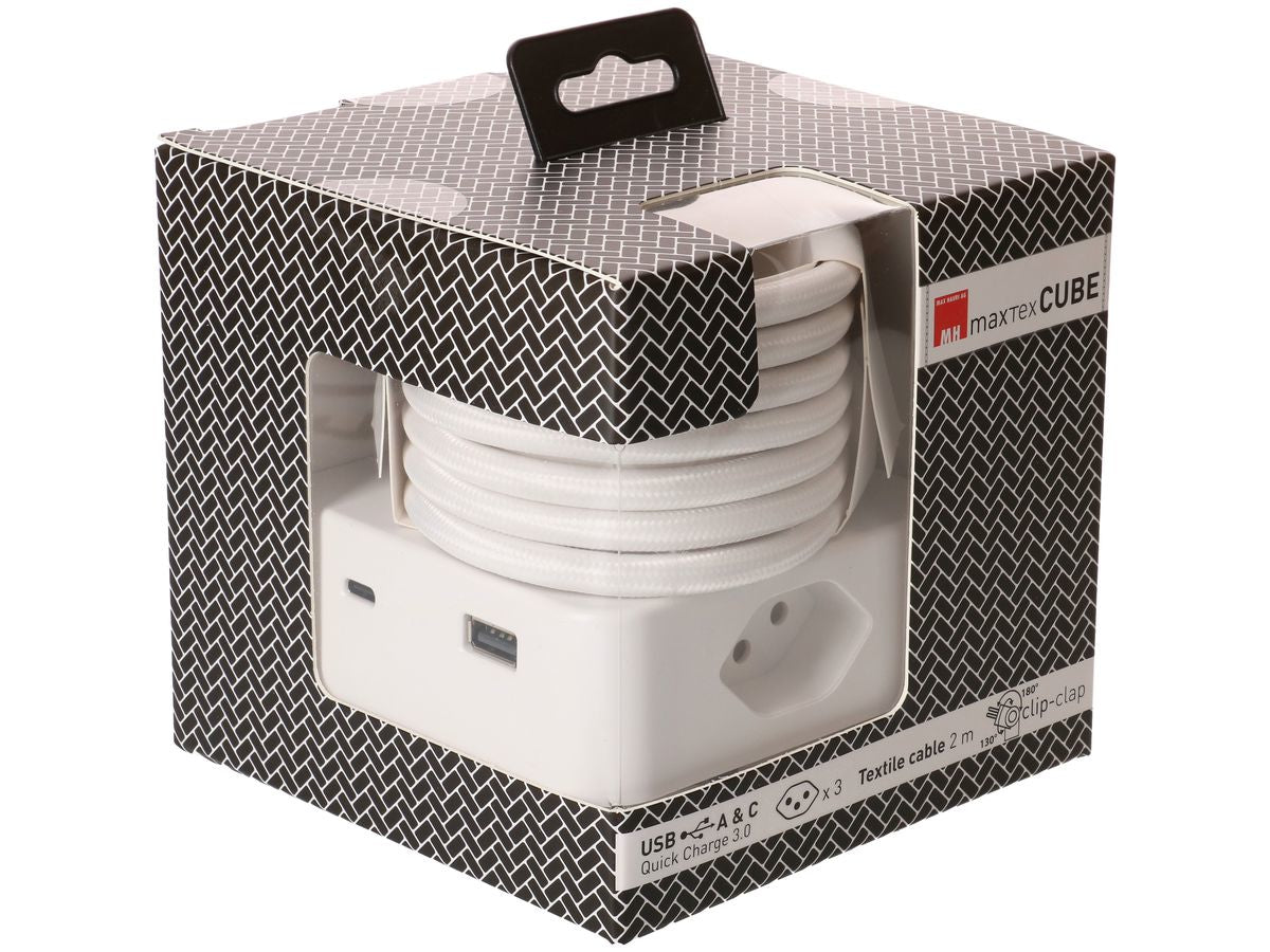 MaxTex Cube Steckdosenleiste – 3 AC-Ausgänge, 1× USB-A + 1× USB-C, 2 m, Magnet, Weiss
