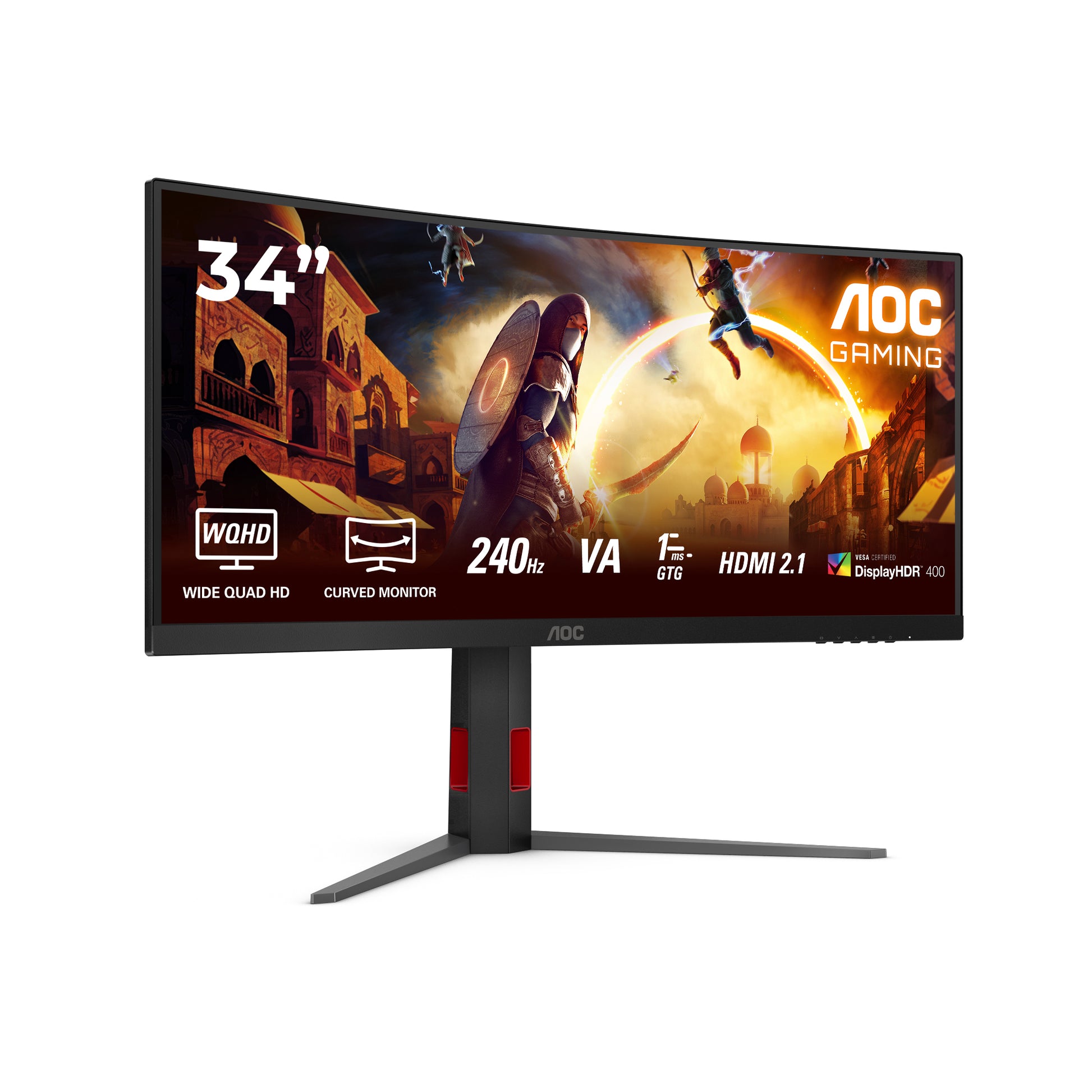 AOC CU34G4Z – Monitor, 34", VA, 240 Hz, 450 cd/m², Gebogen, USB-Hub, VESA 100 × 100, Schwarz