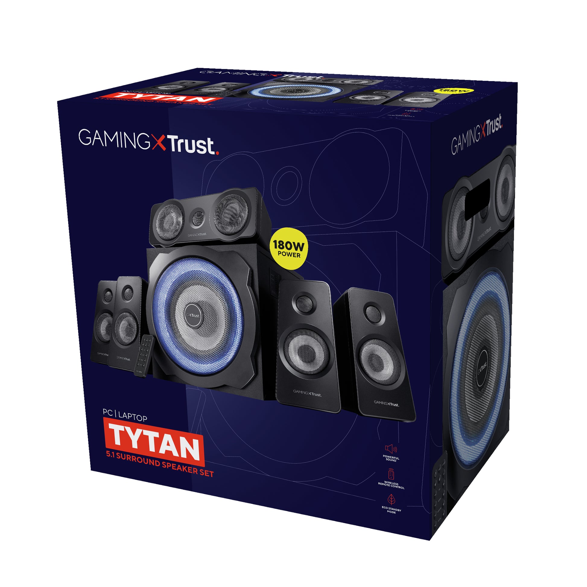 Trust GXT 658 Tytan – PC-Lautsprecher-Set – 5.1, 90 W, mit aktivem Subwoofer, 3,5 mm Klinke, Blau, Schwarz