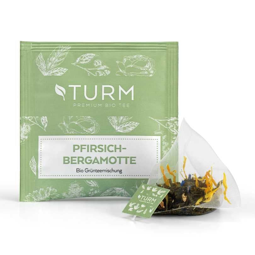 Turm Kaffee Grüntee Pfirsich & Bergamotte – Teebeutel 20 Beutel – Bio