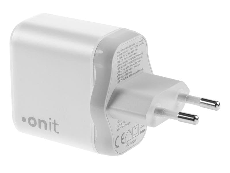 ONIT F02798 USB-Ladegerät 45 W – USB-C×2, USB-A×1 – PD 3.0, PPS, QC 3.0, GaN – EU-Stecker (Typ C), Weiss