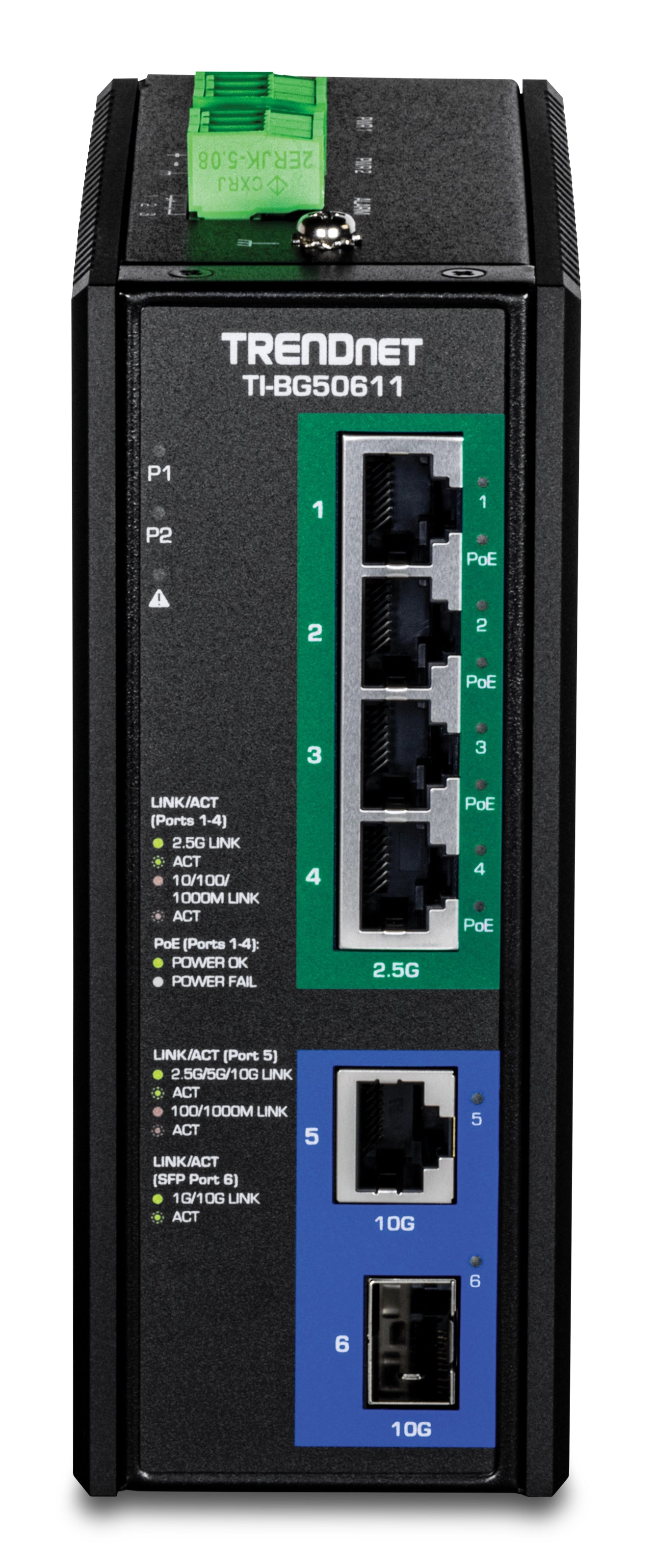 TRENDnet TI-BG50611 – Unmanaged Switch – 4× 2,5G, 1× 10G, 1× SFP+, PoE++, PoE-Budget 240 W, DIN-Rail
