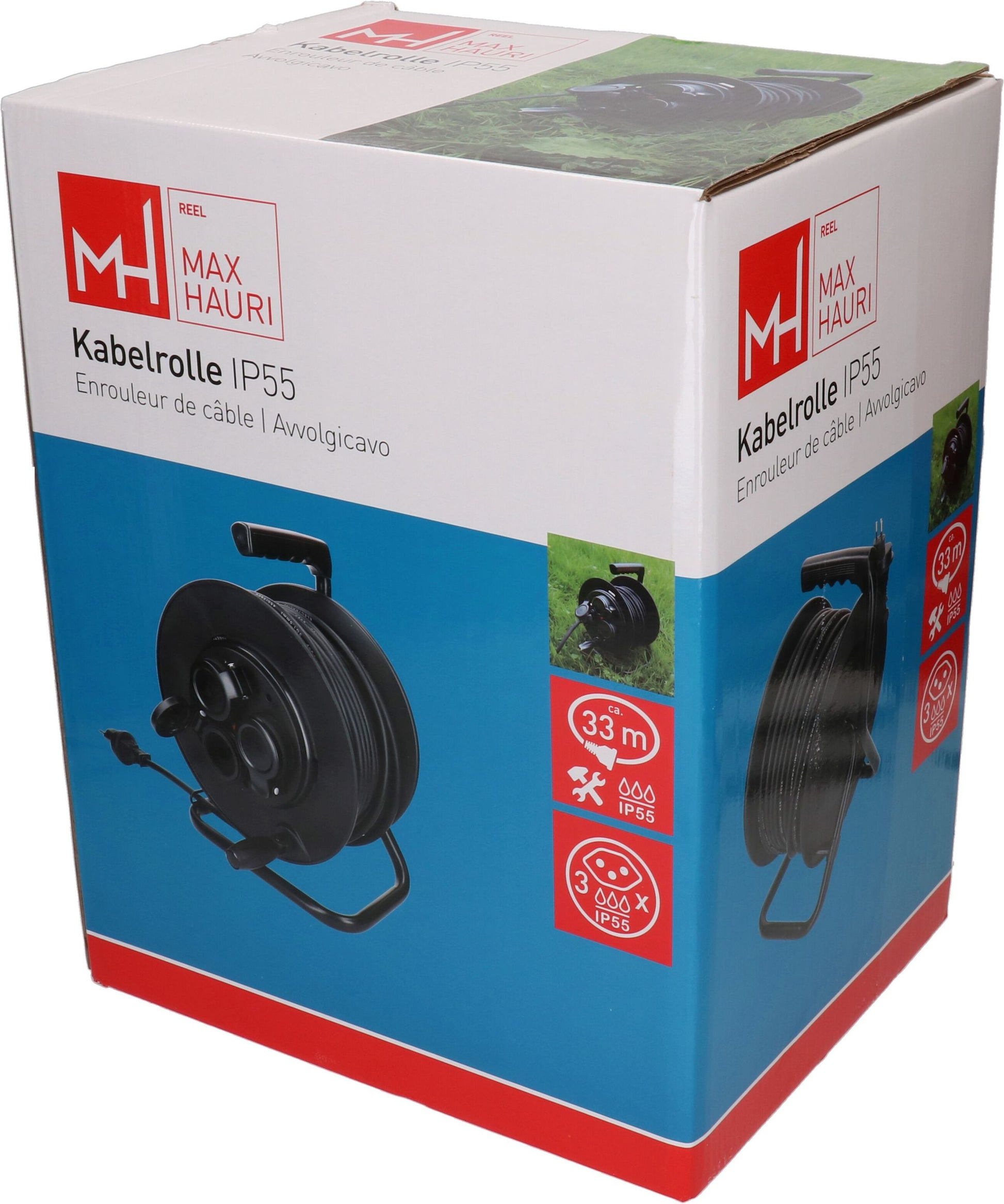 Max Hauri AG Max Hauri Kabelrolle – 3× T13, 33 m, IP55, schwarz