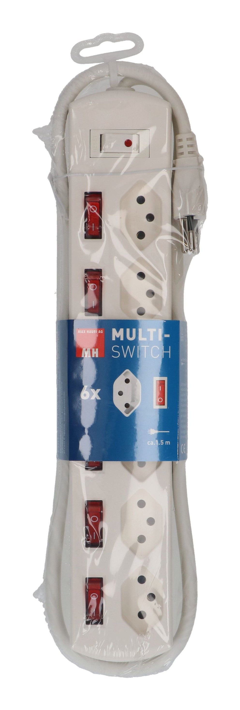 Max Hauri AG Steckdosenleiste – 6 Steckdosen, 2300 W, 10 A, 1,5 m Kabel, Eingang T12, Ausgänge T13, Weiss