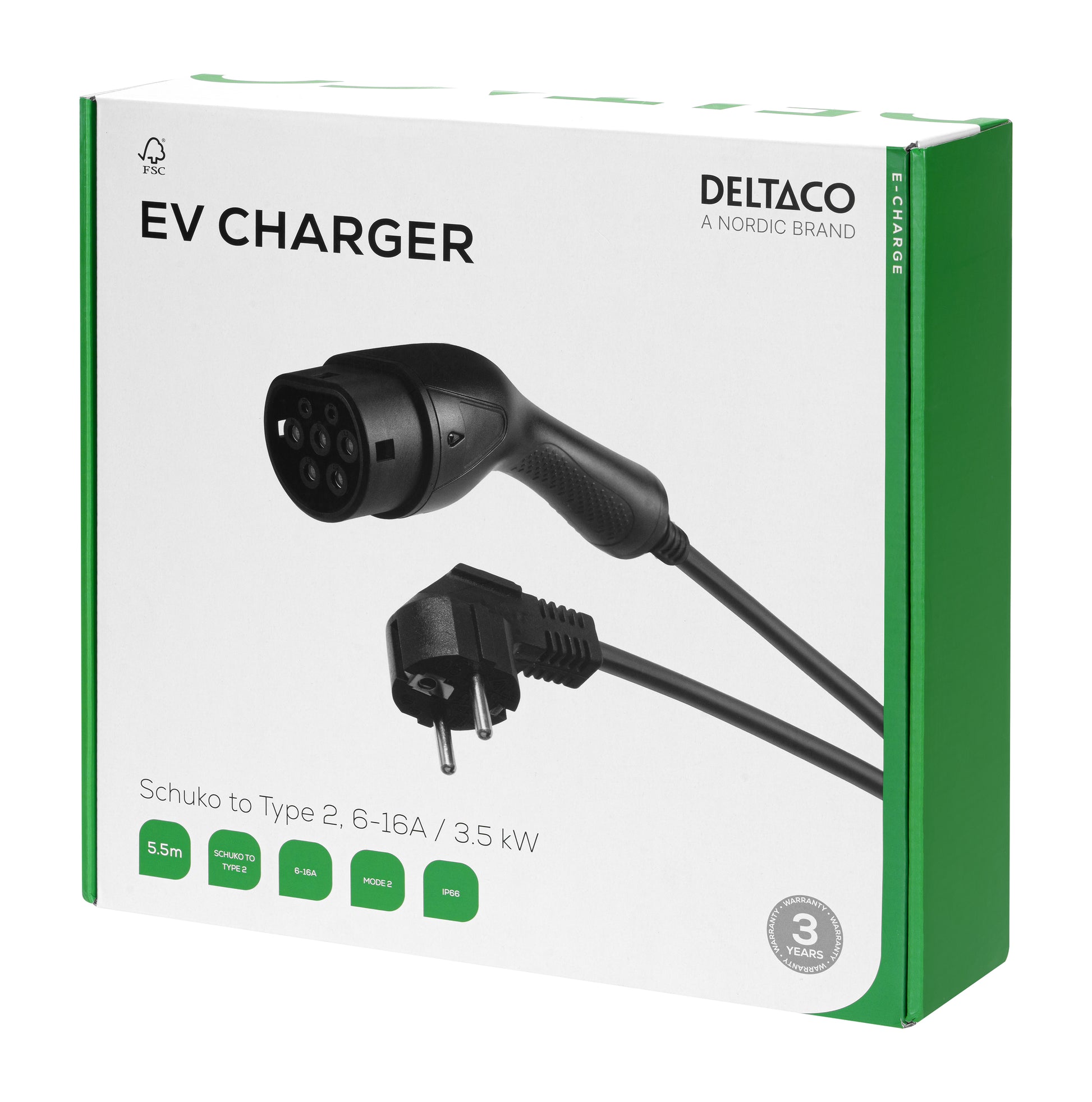 Deltaco Adapterkabel, Typ 2–CEE 7/7, 5,5 m, IP66, mit Überhitzungsschutz – Schwarz