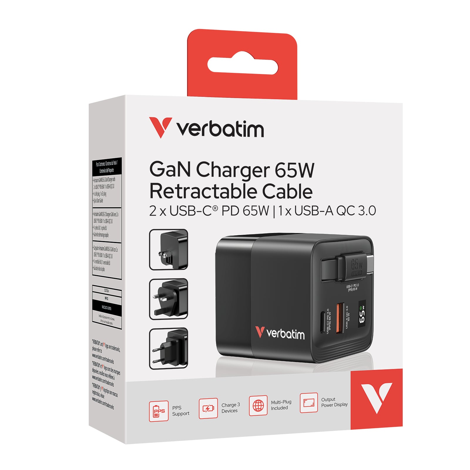 Verbatim GaN Ladegerät USB-Ladegerät 65 W – USB-C×1, USB-A×1 – PD, PPS, QC 3.0, GaN – EU/UK/US Adapter – Schwarz