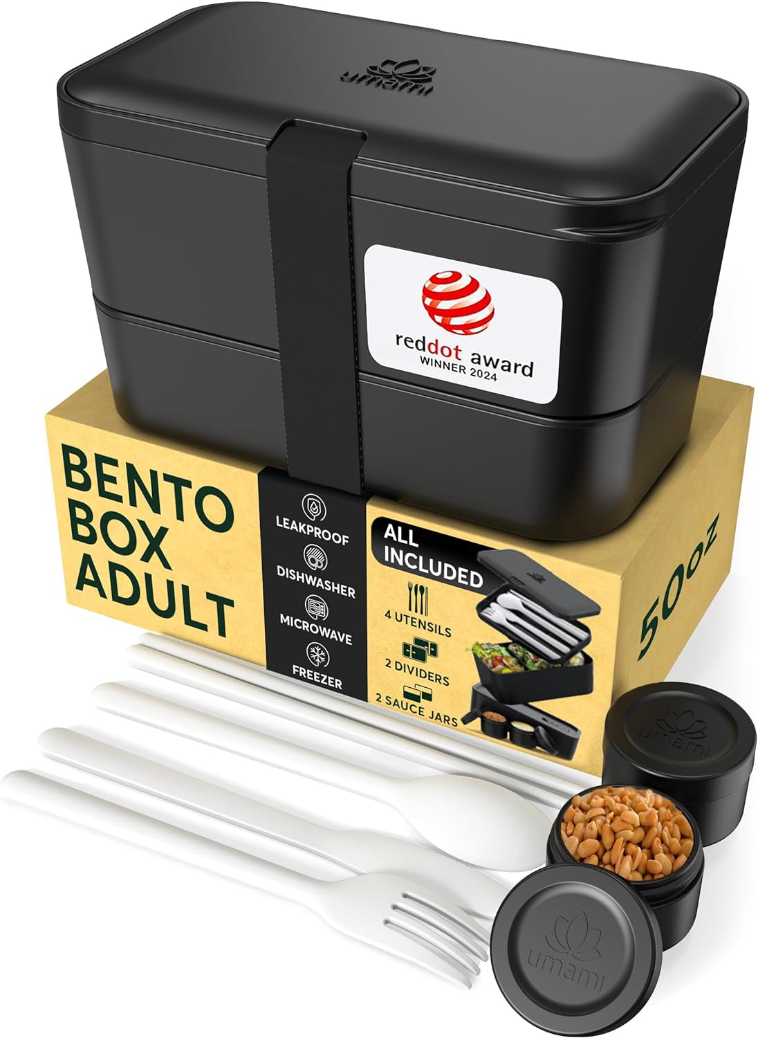 Umami Nestbare Bento Box – Lunchbox 1,5 l, 11 × 18,2 × 7 cm, Polypropylen (PP), schwarz, leckdicht