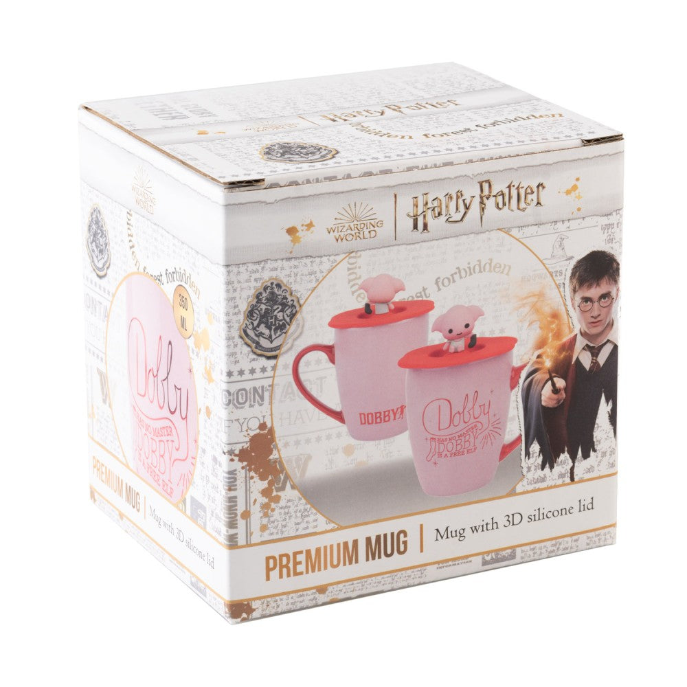 Grupo Erik Harry Potter Dobby Tasse – 350 ml, Ø 8,5 cm, Keramik/Silikon, Pink, mit Deckel