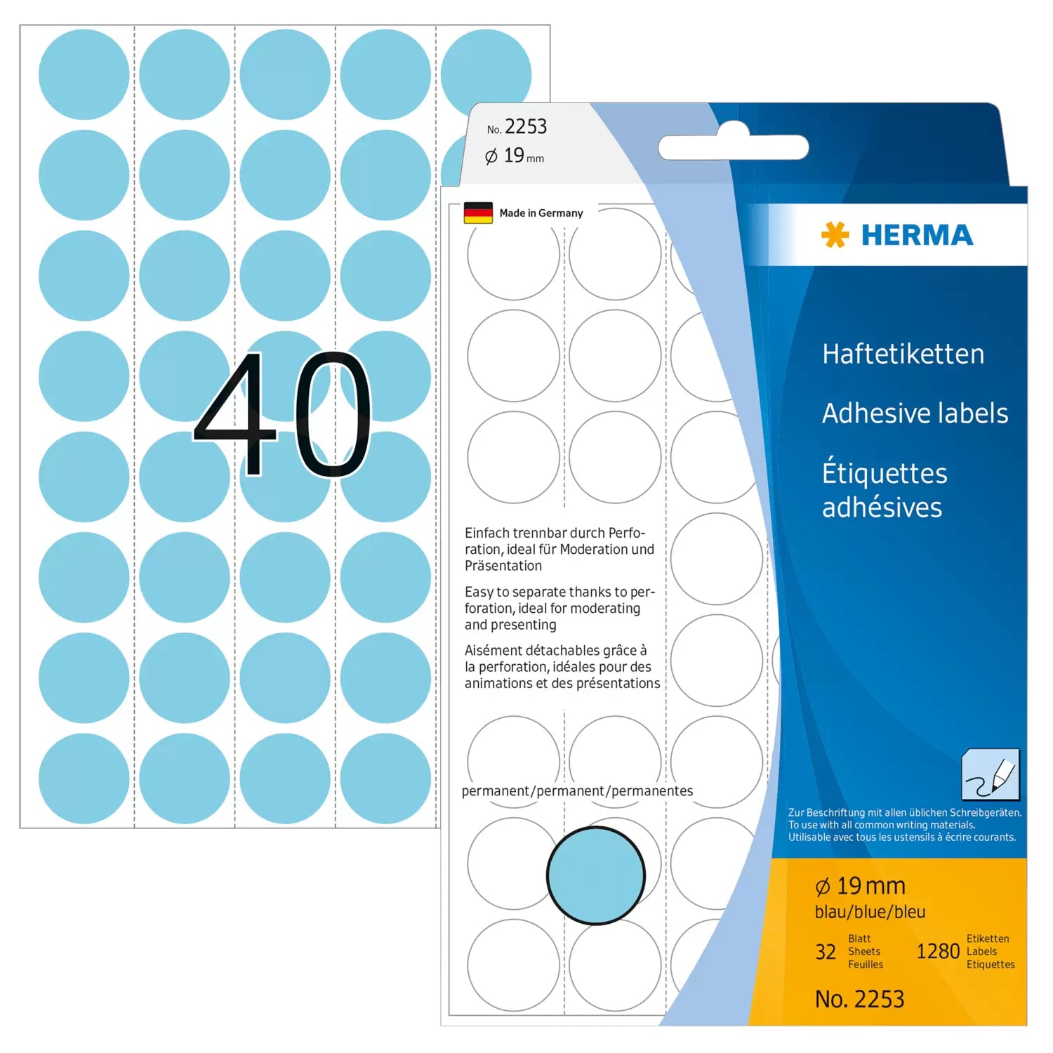 HERMA Haftetiketten – rund Ø 19 mm, permanent, blau, 111 × 170 mm, 32 Blätter (1'280 Stk.)