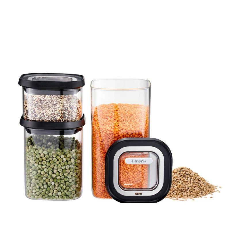 GEFU PANTRY – Vorratsdose 400 ml, 11,5 × 11,5 × 22,1 cm, Silikon, transparent/schwarz