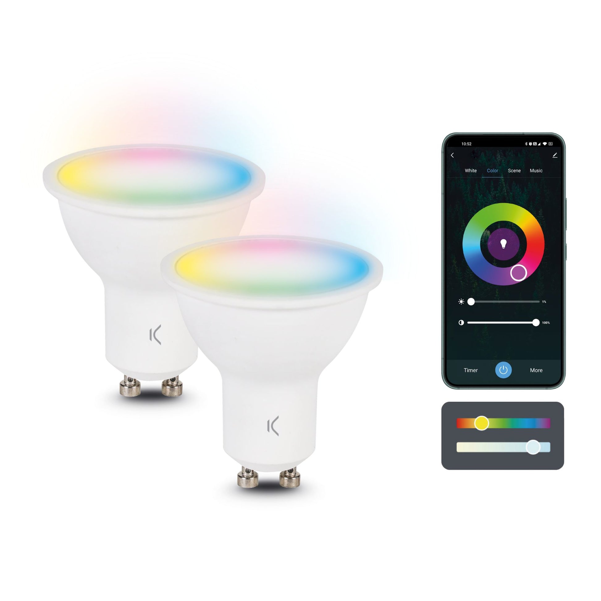 KSIX Leuchtmittel (Smart) – 2er Pack GU10, 400 lm, 5,5 W, RGBIC, 3000–6500 K, BT, für Alexa/HomeKit, weiss
