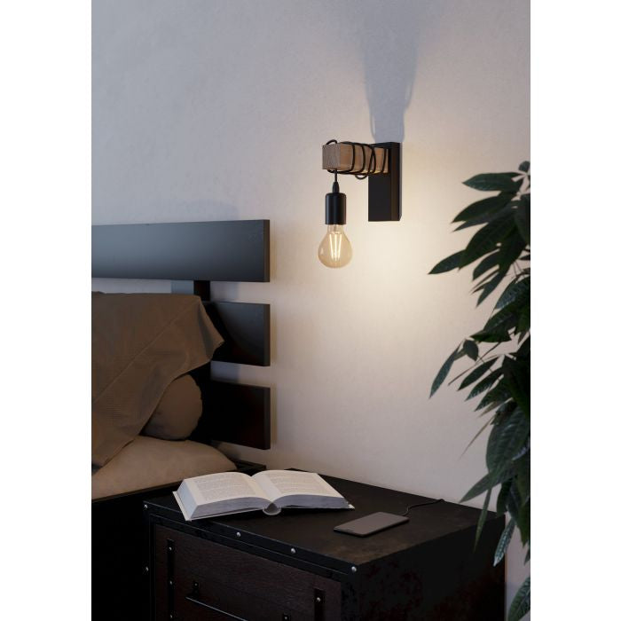 EGLO Wandleuchte Townshend – 10 W, dimmbar, schwarz/braun, exkl. E27
