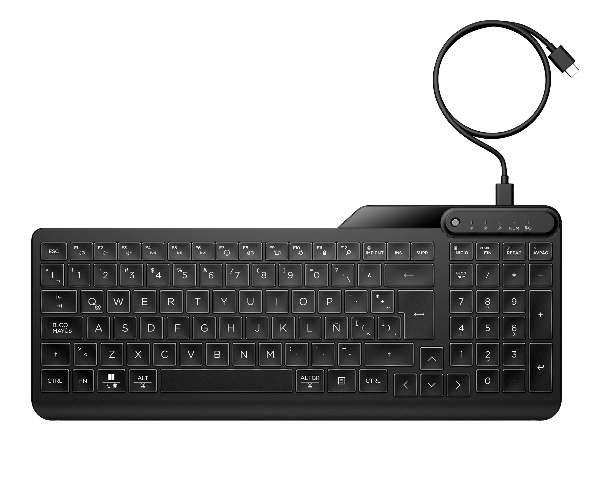HP Tastatur – kabelgebunden, beleuchtet – USB‑A/USB‑C – programmierbare Schnelltasten – schwarz